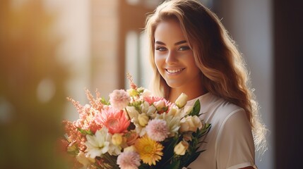 Happy young woman with man giving bouquet of flowers