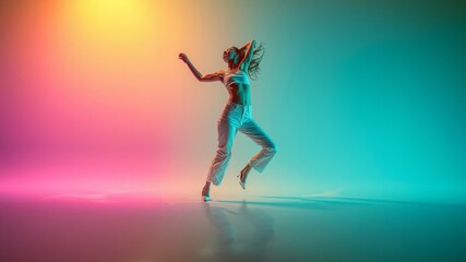 Urban Rhythm Soars pastel theme and color tone, the dynamic silhouette of a break dancer in mid-air, a testament to the vibrant energy of street dance. Generative AI.