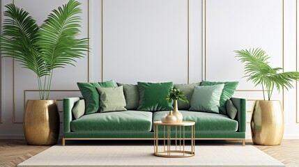 Luxury living room in house with modern interior design, green velvet sofa, coffee table, pouf, gold decoration, plant, lamp, carpet, mock up poster frame and elegant accessories. Template.
