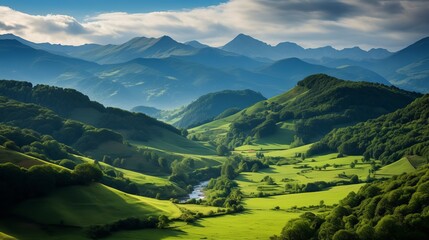 Majestic view of beautiful lush green valley with trees and colorful grass against picturesque high mountains in asturias in spain - obrazy, fototapety, plakaty