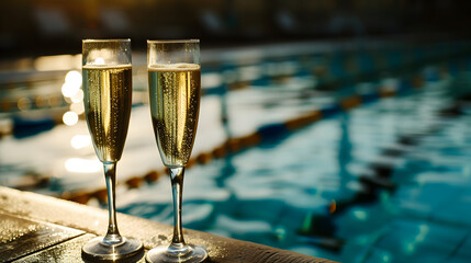 Cinematic wide angle photograph of two glasses of champagne at an olympic pool. Product photography.