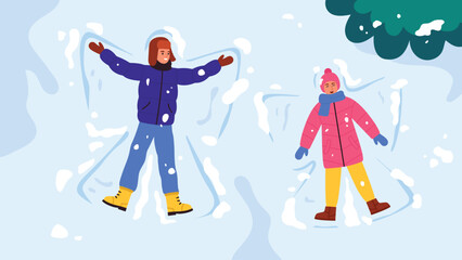 Snow angels top view vector illustration. Cartoon scene of happy and smiling boy and girl dressed in winter clothes and lying on snow and making snow angel prints.