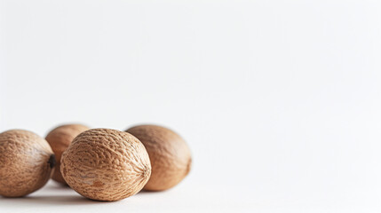 The Close Up Photography of  Four Nutmeg Seeds, Textured Detail, Isolated On White, Perfect For Educational Content Or Spice Displays.