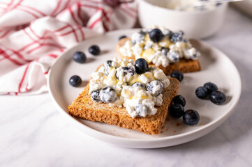 Healthy breakfast sandwich with whole grain toast, cottage cheese, blueberries and honey