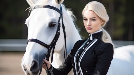 Dressage horse portrait before the competition. Photo on dark background.