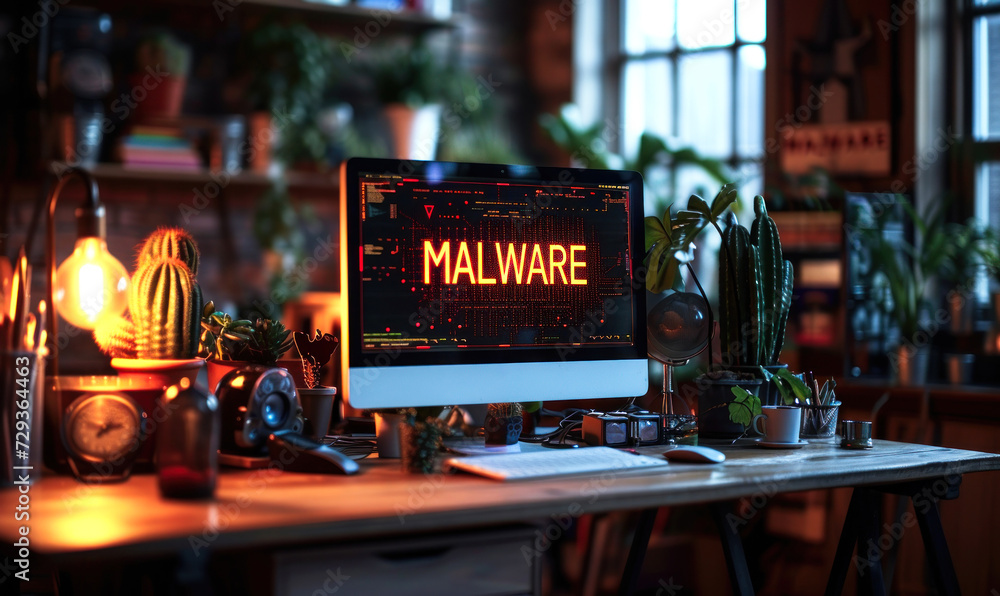 Poster cybersecurity alert concept with a malware warning on a computer screen in a cozy home office setup 