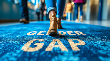 Woman walking on a carpet with 'GENDER GAP' text, portraying the ongoing journey towards gender equality and the challenges faced in the pursuit of closing the gender divide