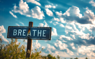 JUST BREATHE sign against a backdrop of fluffy clouds in a clear blue sky, offering a calming reminder in the simplicity of nature