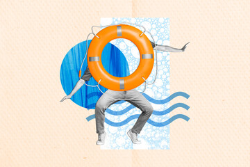 Magazine picture sketch collage image of funky funny guy saving buoy instead body head isolated...