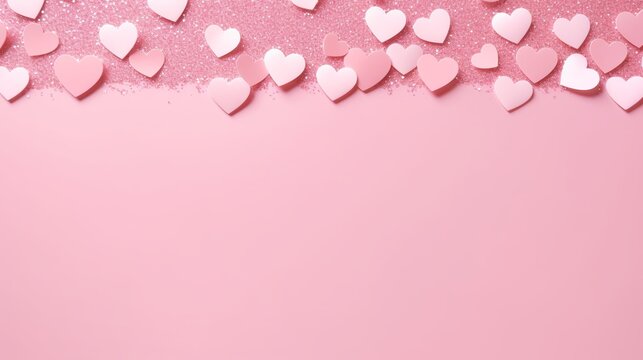 Pink background with glitter hearts for valentine's day. Beautiful wrapping paper or background for a postcard. Place for text, banner for website