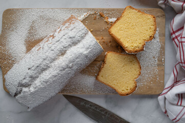 German loaf of spong cake. Traditional sand cake or sandkuchen