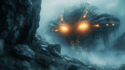 A close-up encounter with an alien creature, its glowing eyes emerging from the mist of an extraterrestrial landscape.