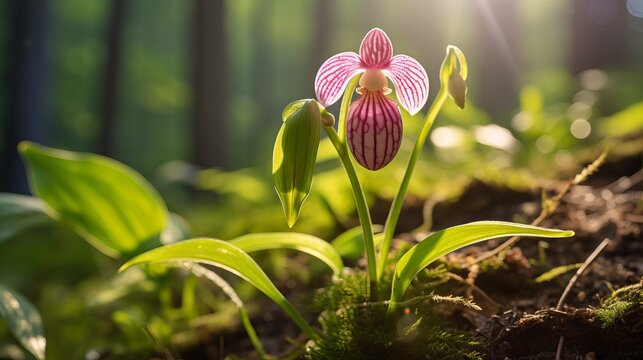 Showy lady slipper orchid in its natural habitat