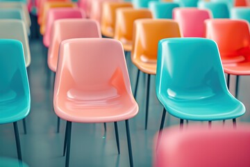 A Vibrant Array of Multicolored Chairs Arranged in Rows, Illustrating Diversity and Unity in a Modern Setting