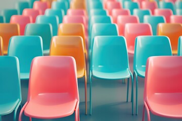 Obraz premium A Vibrant Array of Multicolored Chairs Arranged in Rows, Illustrating Diversity and Unity in a Modern Setting