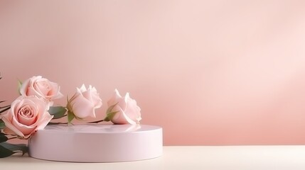 Suitable for Product Display and Business Concept. Modern aesthetic. Product podium and fresh pink rose flowers on pastel pink background. Elegant beauty concept