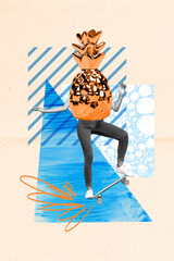 Vertical creative collage image of funny female summer vacation golden ananas instead head skating...