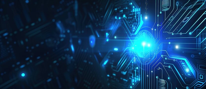 Futuristic digital interface with glowing blue holographic display, perfect for technology