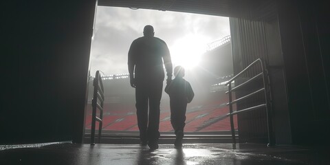 Father and son walking out of the baseball stadium tunnel towards the field on a sunny day