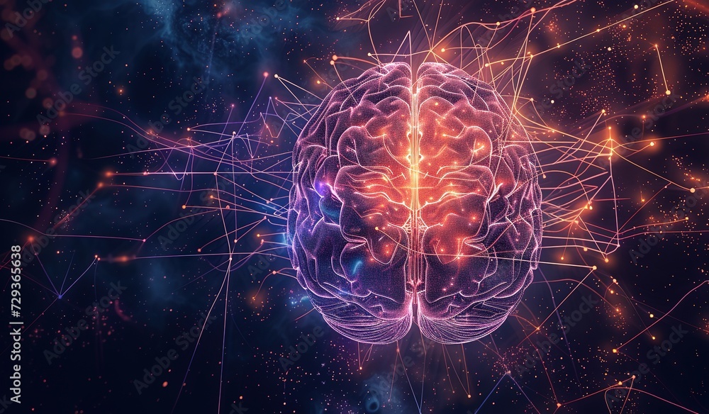 Poster illuminated neural pathways: a vibrant image of the human brain against a space background, demonstr