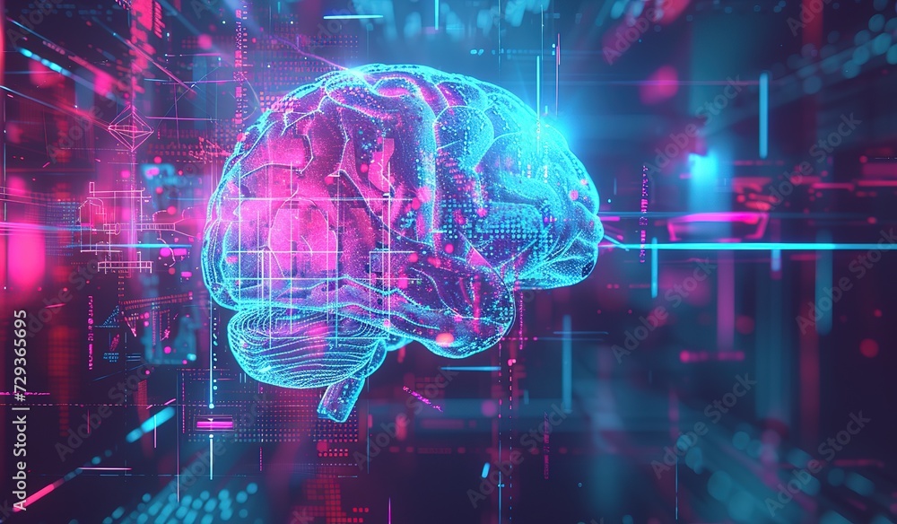 Poster illuminated neural pathways: a vibrant image of the human brain against a space background, demonstr