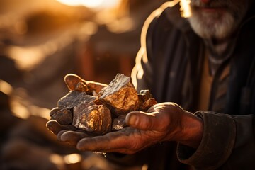 A person's hand presenting a large gold nugget with the entrance to a mine visible in the background, symbolizing successful prospecting. - obrazy, fototapety, plakaty