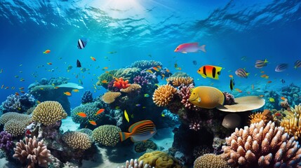 Naklejka na ściany i meble Underwater coral reef landscape wide panorama background in the deep blue ocean with colorful fish and marine life