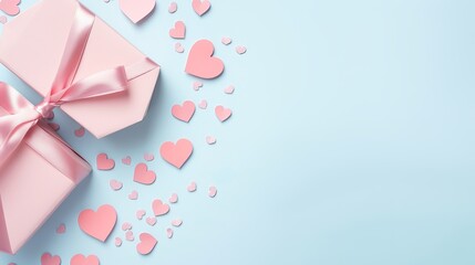 Valentine's Day background. Gifts, candle, confetti, envelope on pastel blue background. Valentines day concept. Flat lay, top view, copy space