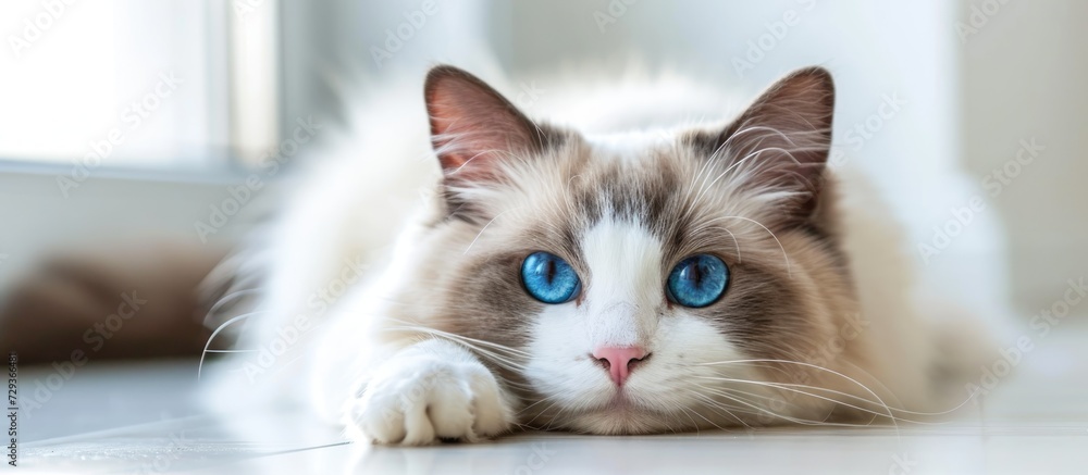 Sticker Fluffy purebred Ragdoll cat with blue eyes, laying on the floor and staring.