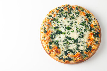 Vegetarian pizza with spinach, arugula, pesto, cheese and parmesan. Italian cuisine. 