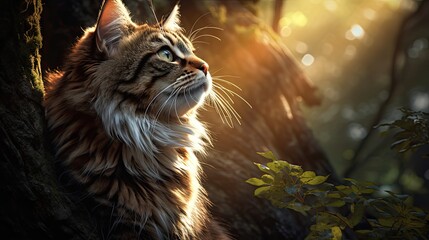 A majestic cat perched atop a towering tree, its fur glistening in the sunlight and its eyes filled with curiosity