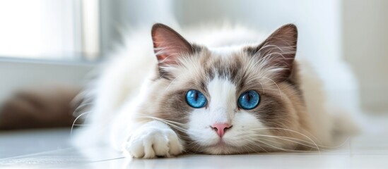 Fluffy purebred Ragdoll cat with blue eyes, laying on the floor and staring.
