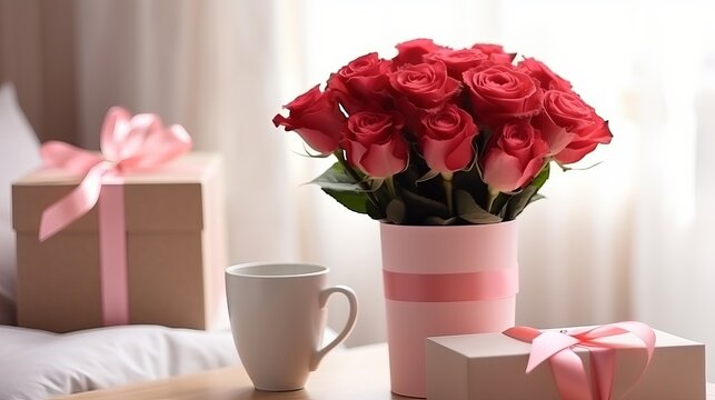 Vase with roses, cup and gift boxes on counter in room decorated for Valentine's Day celebration