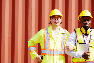Engineer wearing safety helmet working in container warehouse.