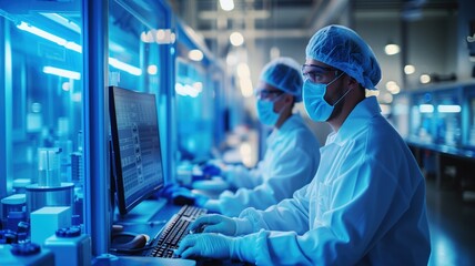 two technicians in cleanroom suits working in a high-tech lab or manufacturing facility.