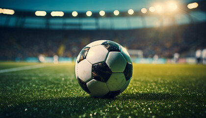 Fototapeta premium Football or soccer ball lying on the playing field in a large stadium. Arena stands with spectators and spotlights in background. Copy Space, text space, Soccer event invitation, banner