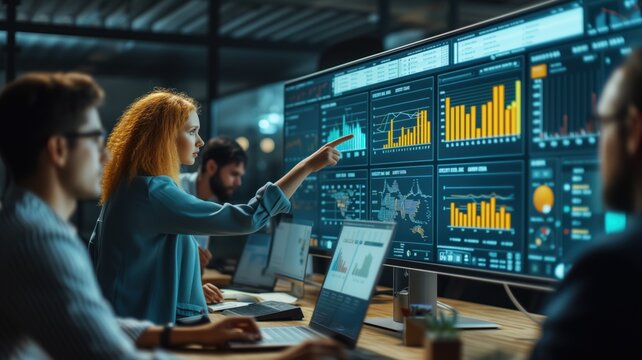 young woman pointing to monitors with various charts and graphs of data, with colleagues working around her. data analysis and strategic planning.