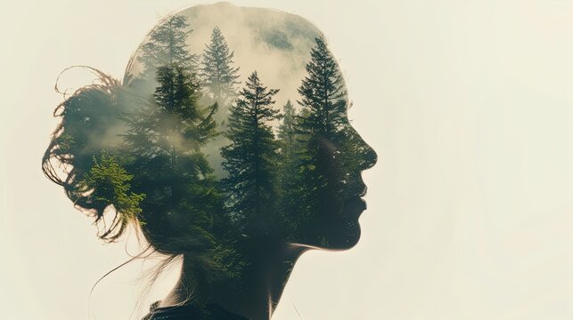 Mindful Fusion: Woman merges with nature in stunning double exposure. Explore the wilderness within. Unlock your inner green paradise.