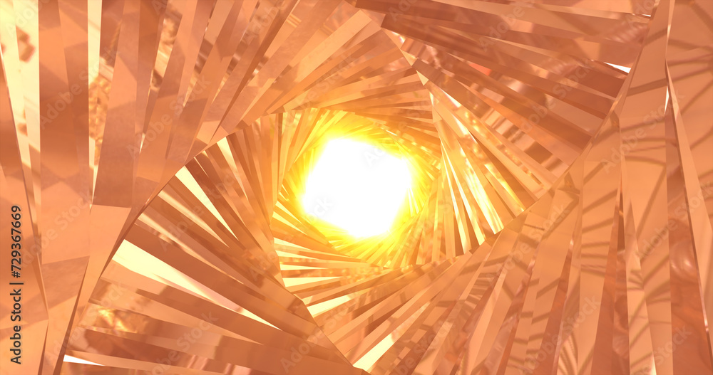 Poster abstract metallic shiny golden yellow polyhedral tunnel frame made of lines of hexagonal edges, mech