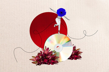 Artwork magazine collage picture of carefree flower head lady walking obsolete disk isolated beige...