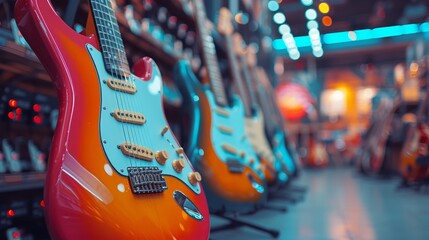 Electric guitars lined up showcasing a vibrant selection in a music store - obrazy, fototapety, plakaty