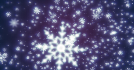 Fototapeta na wymiar Christmas festive bright New Year background of white glowing winter beautiful falling flying snowflakes patterns on purple background