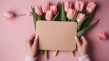 Woman's hands holding a letter in craft envelope. Pink background, women's day concept. Tulips flower and pink gift box in background. Womens home desk