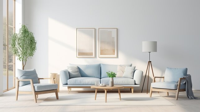 White and blue living room with sofa, armchair, lamp, posters
