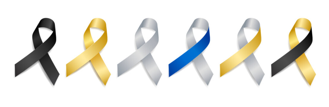 Set of gold and silver ribbons awareness Brain Disabilities, Parkinson’s Disease, Childhood Cancer, Neuroblastoma, Retinoblastoma. Isolated on white background. Vector illustration. - Powered by Adobe