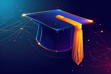 Blue Graduation cap with tassel in neon holographic Logo design - obrazy, fototapety, plakaty