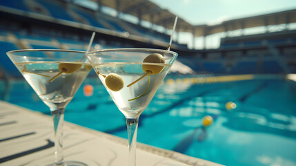 Obraz premium Cinematic wide angle photograph of two martini glasses with an olive at an olympic pool venue. Product photography.