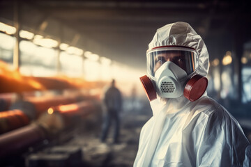Man scientist in PPE Chemical Suit and hazmat suits inspector chemical gas leak spill with safety face mask in area close barricade security tape. dirty area spill cross stripe ribbon ai generated - obrazy, fototapety, plakaty