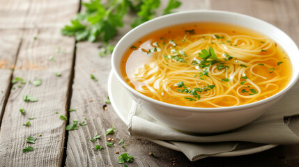 Instant chicken noodle soup with parsley in a white bowl. Side view of chicken broth with noodles on wooden background. Banner with Copy Space.