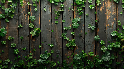 St. Patricks Day background of top view shamrocks on vintage style wood background with copy space - AI Generated